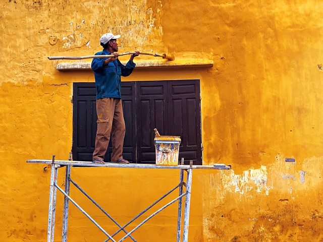 painter, to paint, vietnam, hoian, wall, house, framework, window, yellow, orange, painter, painter, painter, painter, painter, hoian, framework, framework, framework